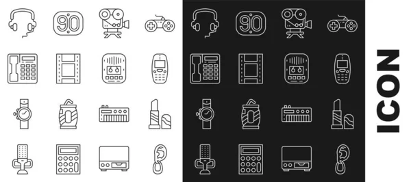 Ear line Ear with earring, Lipstick, Old mobile phone, Retro cinema camera, Play Video, Telephone handset, Headphone, Cassette tape player icon. Vector — 스톡 벡터