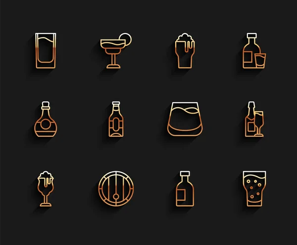 Set line Vaso de cerveza, barril de madera, vaso de chupito, vodka botella, cerveza, champán y whisky icono. Vector — Archivo Imágenes Vectoriales