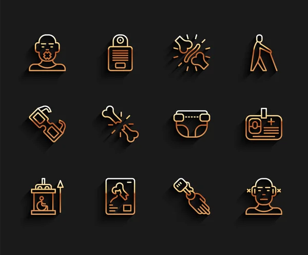 Set line Elevator for disabled, X-ray shots, Head of deaf and dumb, Prosthesis hand, Deaf, Human broken bone, Identification badge and Adult diaper icon. Vector — стоковый вектор