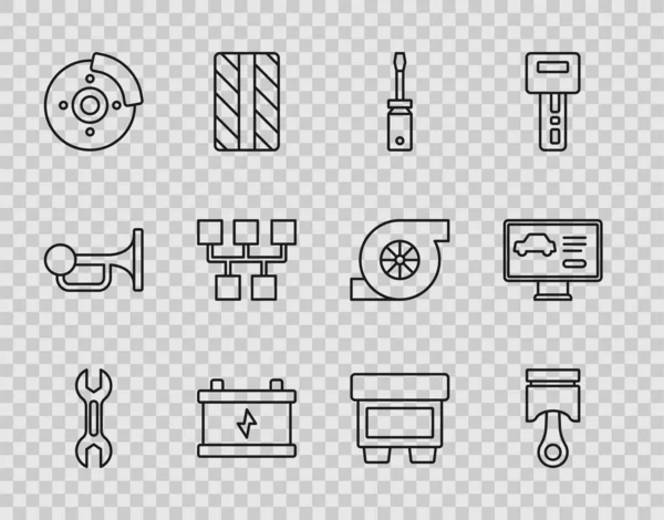 Set line Wrench spanner, Engine piston, Screwdriver, Car battery, brake disk with caliper, Gear shifter, Fuse and Diagnostics condition of car icon. Vector — Image vectorielle