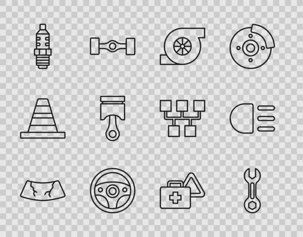 Set line Broken windshield, Wrench spanner, Automotive turbocharger, Steering wheel, Car spark plug, Engine piston, First aid kit and warning triangle and High beam icon. Vector — Image vectorielle