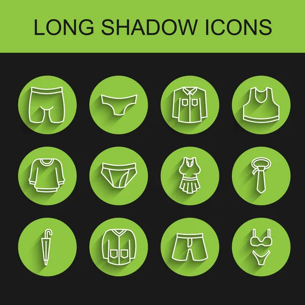 Set line Umbrella, Sweater, Cycling shorts, Short pants, Swimsuit, Men underpants, Tie and Undershirt icon. Vector — Image vectorielle