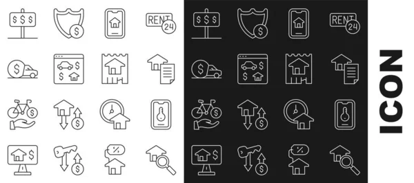 Set line Search house, Online real estate, House contract, Car rental, with dollar and icon. Vector — Archivo Imágenes Vectoriales