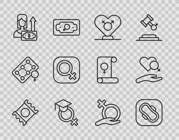 Set line Condom in package, Sanitary napkin, Gender, Teacher, Money growth woman, Female gender, and Heart with female icon. Vector — Vetor de Stock