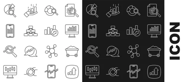 Establecer línea Crecimiento financiero, Carro de mina de carbón, Monitor con gráfico gráfico, Análisis de datos de búsqueda, Organograma jerárquico, Móvil e icono. Vector — Archivo Imágenes Vectoriales