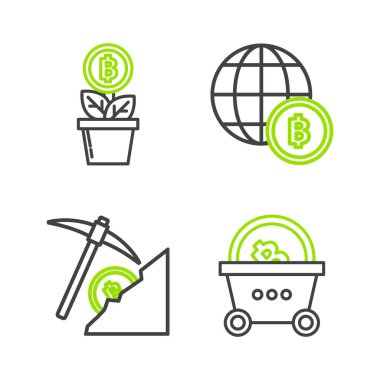 Bitcoin, Cryptocy bulut madenciliği, Globe ve kripto para birimi Bitcoin ile alışveriş sepetini ayarla ve esrar ikonunu yerleştir. Vektör