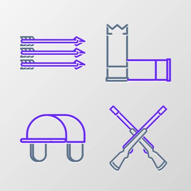 Hat 2 çapraz tüfekler, Hunter şapkası, fişekler ve Hipster ok ikonu. Vektör