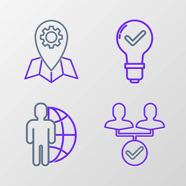 Hat Proje Ekibi Üssü, Globe ve insanlar, Ampul kontrolü ve Konum görev simgesi. Vektör