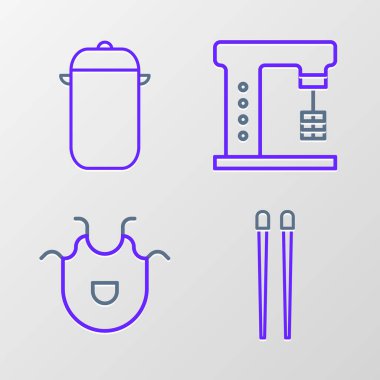 Yemek çubukları, mutfak önlüğü, elektrikli mikser ve tencere ikonu. Vektör