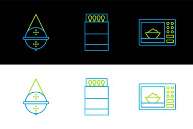 Mikrodalga fırın, top çay süzgeci, kibrit kutusu ve kibrit kutusunu ayarlayın. Vektör