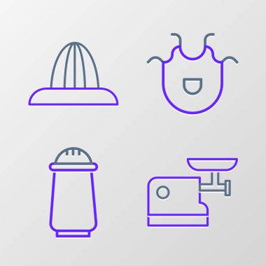 Mutfak kıyma makinesi, tuz ve biber, önlük ve meyve sıkacağı ikonu. Vektör