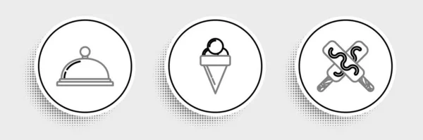 Set Line Ice Cream Covered Tray Food Waffle Cone Icon —  Vetores de Stock