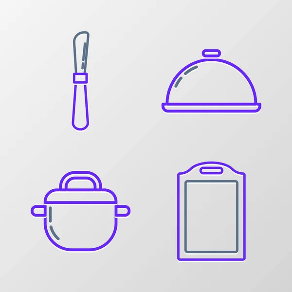 Встановіть Лінію Обробна Дошка Кухонний Горщик Покритий Лотком Їжі Значком — стоковий вектор
