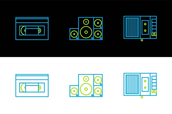 Set Line Musikbandspieler Vhs Videokassette Und Stereo Lautsprechersymbol Vektor — Stockvektor