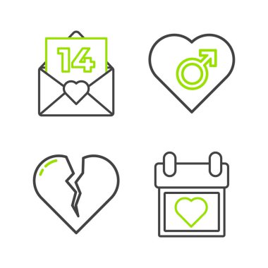 Takvimi kalp, kırık ya da boşanma, kalp erkek cinsiyeti ve Envelope Valentine ikonu ile ayarla. Vektör
