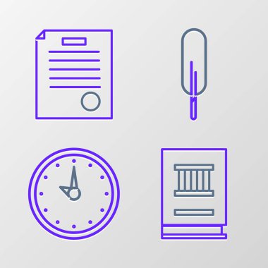 Hukuk kitabı, saat, tüy kalem ve tutuklama emri simgesini ayarla. Vektör