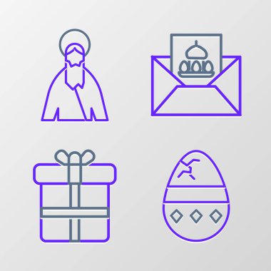 Sabit çizgi yumurta, hediye kutusu, Mutlu Paskalyalar ve İsa 'nın simgesi olan tebrik kartı. Vektör