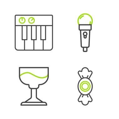 Candy, Cocktail, Microphone ve Music synthesizer ikonu. Vektör