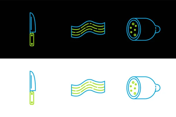 Set line Salami sausage, Knife and Bacon stripe icon. Vector — Archivo Imágenes Vectoriales