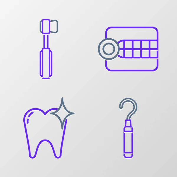 Definir linha Escalador explorador dental para dentes, conceito de clareamento dental, modelo Dentures e ícone da escova de dentes. Vetor — Vetor de Stock