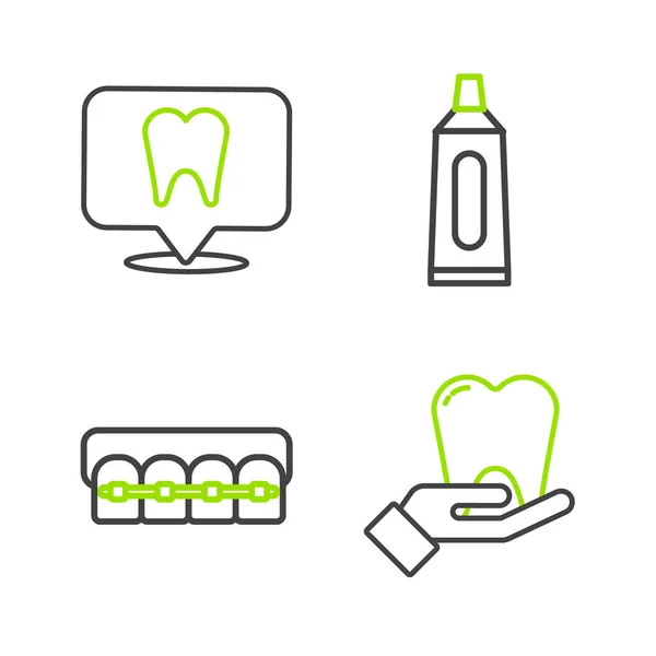 Set line Tooth, Teeth with braces, Tube of toothpaste and Dental clinic location icon. Vector — Stock Vector