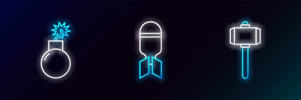 Set line Battle hammer, Bomb ready to explode and Aviation bomb icon. Glowing neon. Vector — стоковый вектор