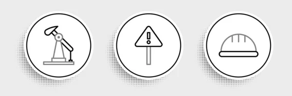 Definir linha Capacete de segurança do trabalhador, bomba de óleo jack e ponto de exclamação no ícone de triângulo. Vetor — Vetor de Stock