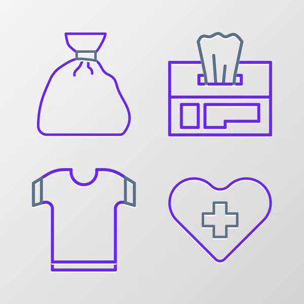 Définir la ligne Coeur avec une croix, un T-shirt, un sac d'essuie-tout humide et une icône de sac poubelle. Vecteur — Image vectorielle