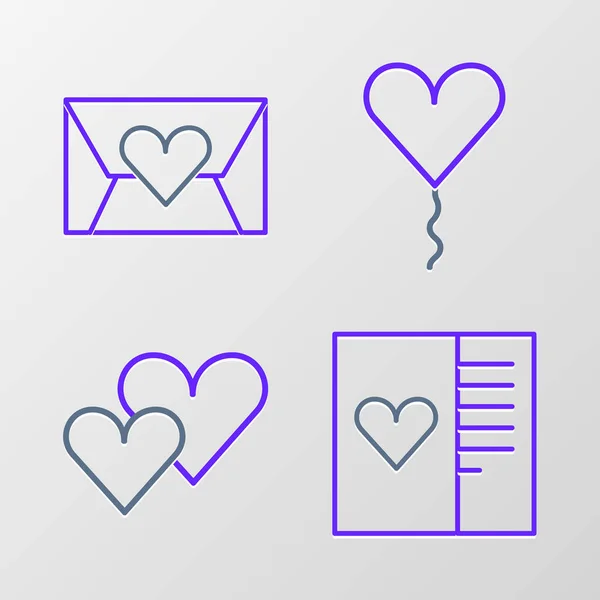 Set line Postcard with heart, Heart, Balloon in form of and Envelope Valentine icon. Vector — Vector de stock