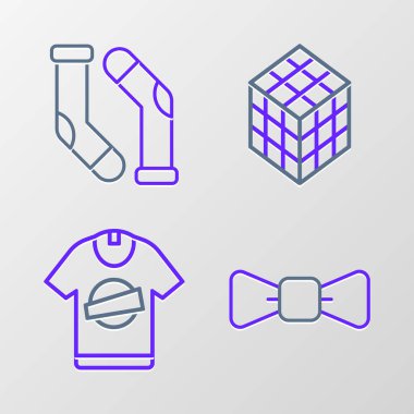 Çizgi papyon, tişört, rubik küp ve çorap ikonu. Vektör