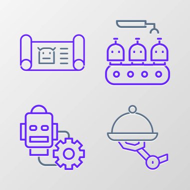 Set hattı Garson Robotu, Robot ayarı, Endüstriyel robot üretimi ve tasarım ikonu. Vektör