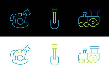 Oyuncak tren, at eyeri salıncak ve kürek oyuncak ikonu. Vektör