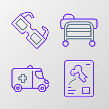 Röntgen çekimleri, acil durum arabası, Sedye ve Gözlük ikonu ayarlayın. Vektör