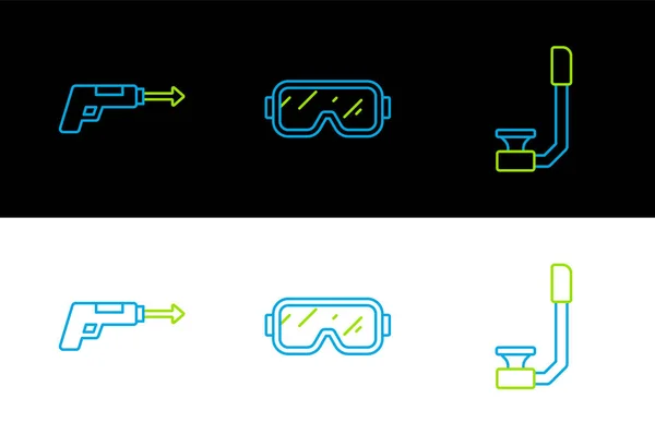 Set Line Schnorchel, Fischharpune und Tauchermaske Symbol. Vektor — Stockvektor