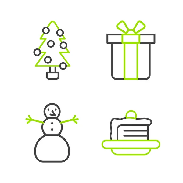 Ustaw linię Ciasto, Boże Narodzenie bałwan, pudełko z prezentami i ikona drzewa. Wektor — Wektor stockowy