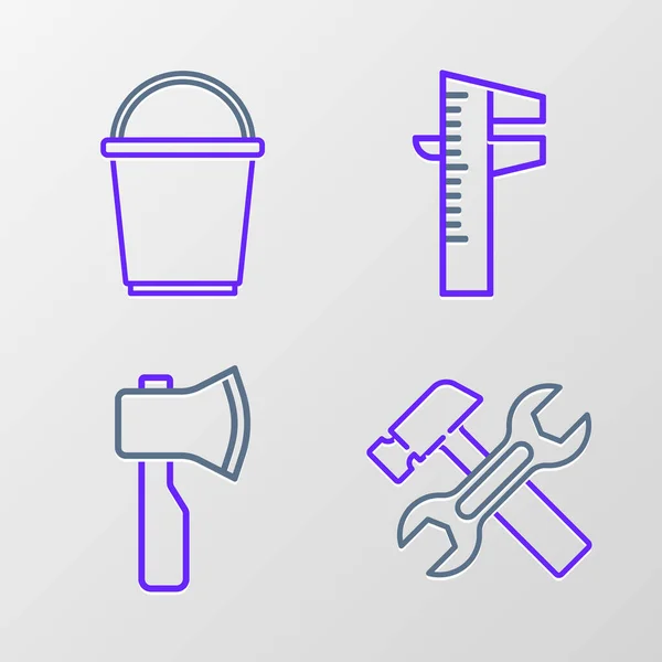 Set line Hammer and wrench, Wooden axe, Calliper or caliper scale and Bucket icon. Vector — Stock Vector