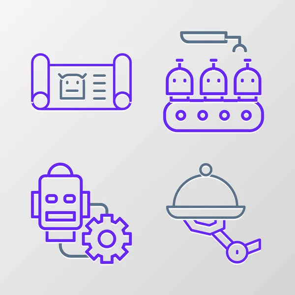 Set line Waiter robot, Robot setting, Industrial production of robots and blueprint icon. Vector — ストックベクタ