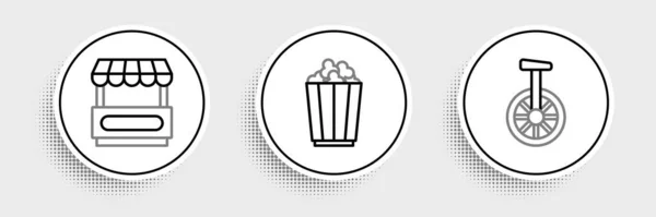 Set line Unicycle or one wheel bicycle, Fast street food cart and Popcorn in box icon. Vector — стоковый вектор