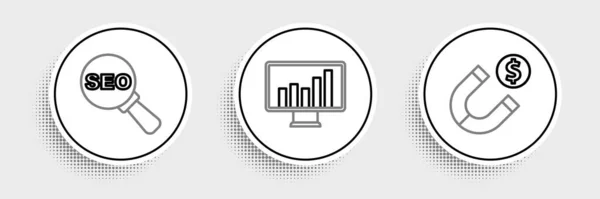 Set line Magnet mit Geld, SEO-Optimierung und Monitor graph chart icon. Vektor — Stockvektor