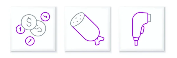 Set line Scanner scanning bar code, Coin money with dollar and Salami sausage icon. Vector — Vector de stock
