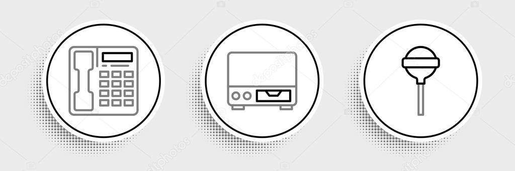 Set line Lollipop, Telephone handset and Old video cassette player icon. Vector