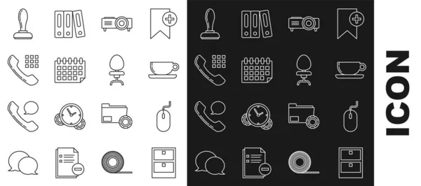 Set Line Archive Papers Drawer Computer Mouse Coffee Cup Flat — Vector de stock