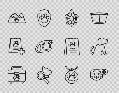 Pet ilk yardım kiti, veteriner kliniği sembolü, Turtle kedi ya da köpek için yemek kasesi, karabinalı geri çekilebilir ip tasması, yaka etiketi ve köpek ikonu. Vektör