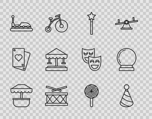 Cazibe Atlıkarınca, Parti şapkası, sihirli değnek, bagetli davul, Bumper, lolipop ve top ikonu. Vektör