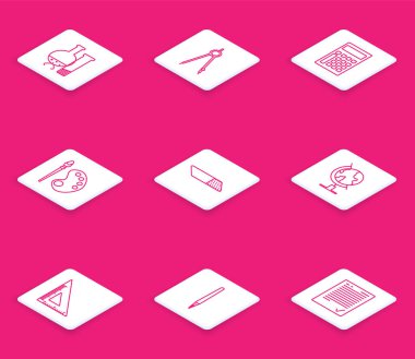 Çizgi Test tüpü ve matara kimyasal laboratuvar testi, çizim pusulası, hesap makinesi, paletli boya fırçası, silgi kauçuğu, Dünya küresi, üçgen cetvel ve kalem ikonu. Vektör