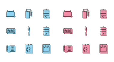 Telefon, çamaşır makinesi, ekmek kızartma makinesi, fırın, blender, çift kazan, dijital alarm saati ve elektrik bankasının farklı şarj kablolu ikonu. Vektör