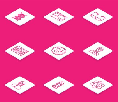 Set line DNA symbol, Electrical measuring instruments, Glasses, Open book, Bacteria, Scientist, Assistant and Space shuttle and rockets icon. Vector