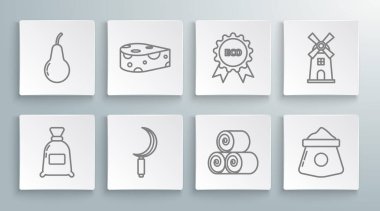 Cheese, Sickle, Roll saman, Banner, etiket, etiket, etiket, eko, yel değirmeni ve armut simgesi için logo. Vektör