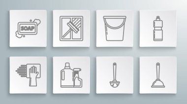 Hat temizleme servisi, silecek, silecek, sıvı bulaşık deterjanı, tuvalet fırçası, lavabo pompası, kova ve köpük ikonlu sabun için plastik şişeler. Vektör