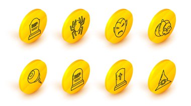 Cadı şapkası, haçlı Tombstone, RIP, Eye, Pumpkin ve skull, Vampir, Örümcek ve ikon. Vektör